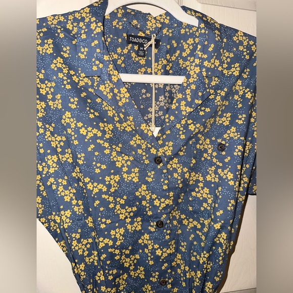NWT Toad&Co Blue grey and Yellow Floral button front tie waist Mini Dress M - Picture 3 of 10